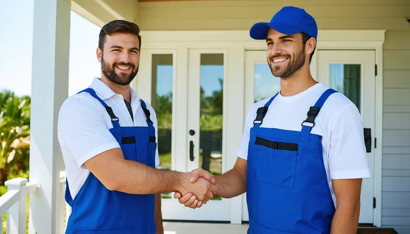 Service team in uniforms shaking hands with homeowner at a coastal home